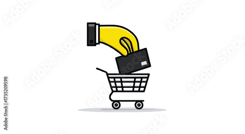 Illustrative Design of Hand Putting Credit Card into Shopping Cart Symbolizing E Commerce Transaction