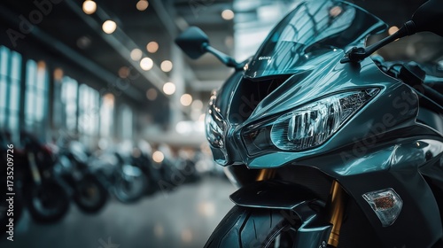 Close-up of a sleek, modern motorcycle headlight and front fairing in a showroom with blurred bikes and lights in the background.