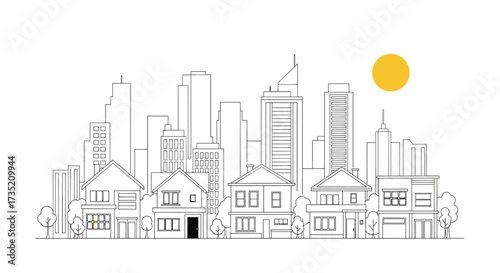 A minimalist line drawing of a city skyline under a bright yellow sun.