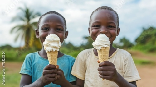Two young African children indulging in delightful ice cream cones as they stand together beneath swaying palm trees on a bright sunny summer day