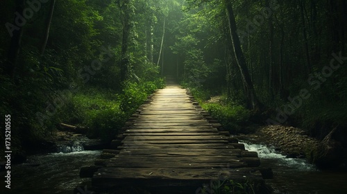 Wooden Bridge in Deep Forest