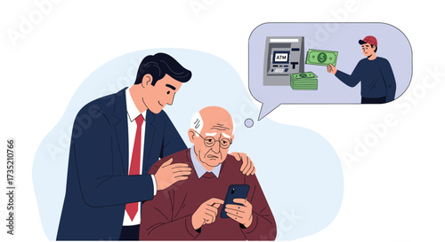 A younger man is helping an older man with his phone while thinking about cash withdrawal from atm.