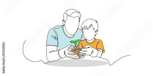 Minimalist one-line drawing of father and son holding a young plant together, symbolizing love, family bond, parenting, education, sustainability, and environmental care.