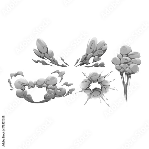 Set of five stylized cartoon smoke effects with explosions and dust clouds for comic illustrations
