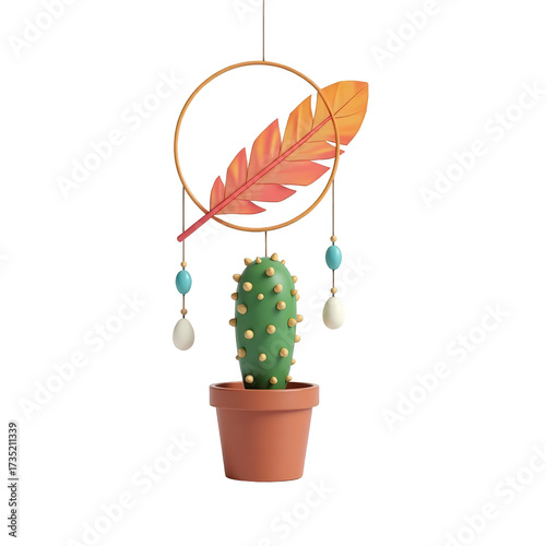 Decorative illustration showcases a crafted dreamcatcher-inspired design featuring a detailed feather, round frame, dangling beads, and a green cactus planted in a brown pot against a stark black...