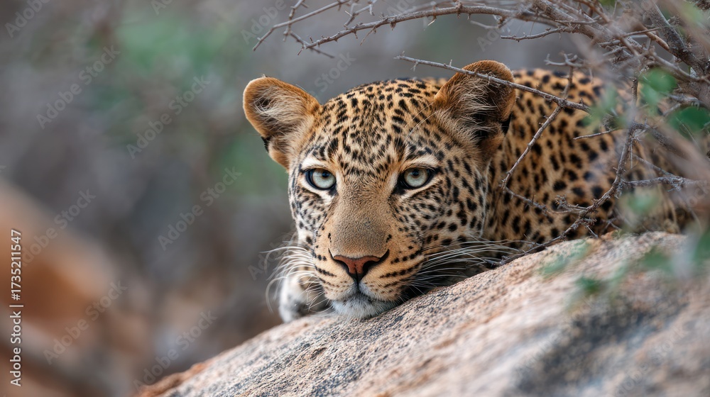 Fototapeta premium Close-Up of a Beautiful Leopard Lying on a Rock in the Wild