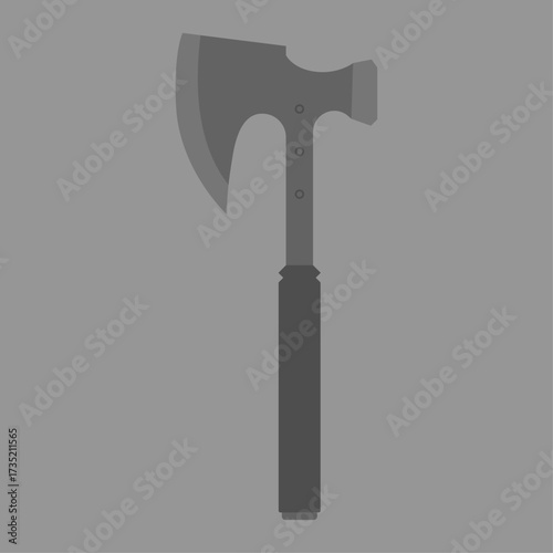 Vector illustration of a grey hatchet or axe on a plain grey background, minimal design