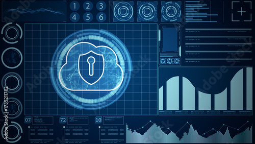 Futuristic Cloud Security System Interface with Lock Icon and Data Dashboard on Digital Grid Background. 3D Rendering