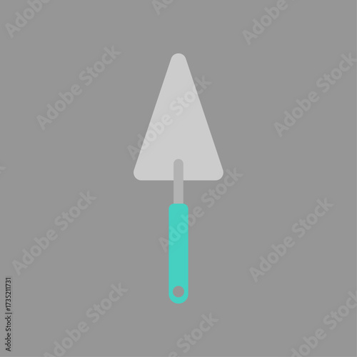 A simple, flat design illustration of a trowel tool with a teal handle on a gray background