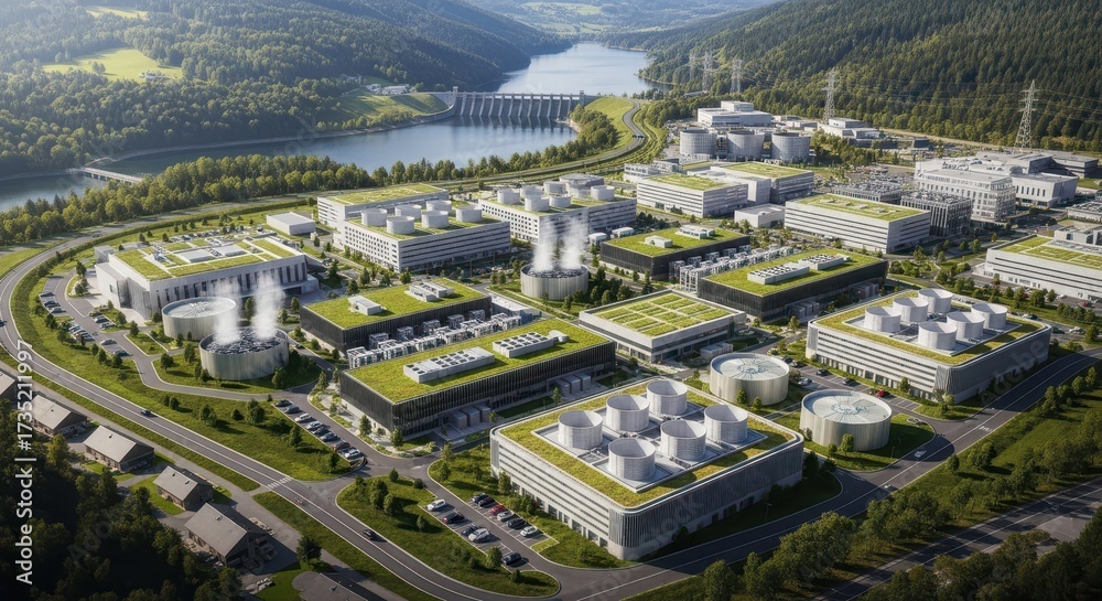 Fototapeta premium Aerial view of a vast modern data center campus with green roofs, powered by a hydroelectric dam