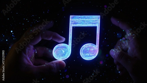Capturing the essence of digital sound with hands and a glowing musical note surrounded by sparkling lights.