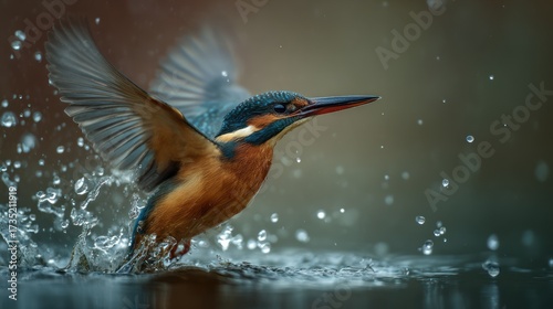 Vibrant Kingfisher Bird Taking Flight with Water Splashing Around