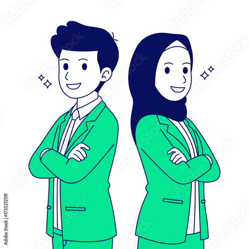 Cartoon illustration of confident businessman and businesswoman crossing their hands