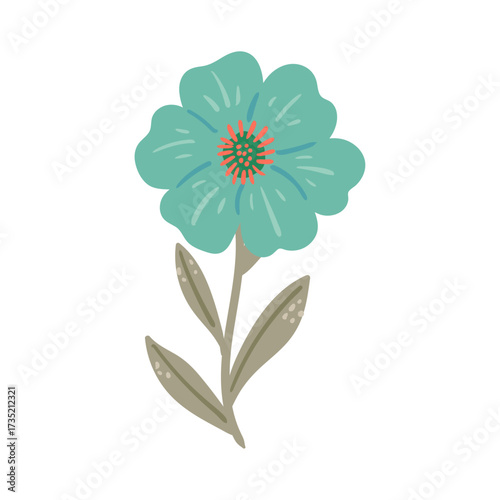 Turquoise Flower With Red Center And Green Leaves Isolated On White Background