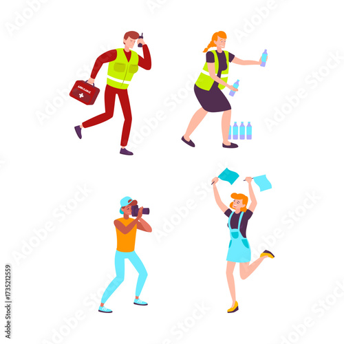 Active people documenting events and providing assistance in various scenarios, illustration