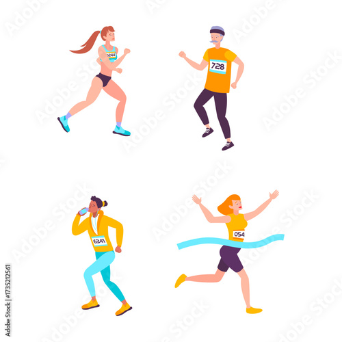 Athletic people running in a race, crossing the finish line and hydrating during their competition
