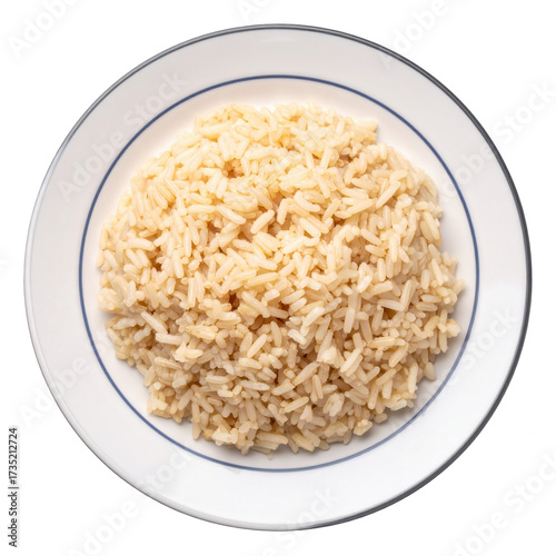 A simple overhead shot showcases a full plate of cooked brown rice, offering a healthy meal option.