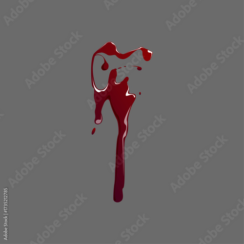 A crimson drop of liquid, resembling blood, gracefully drips and splatters against a neutral grey background