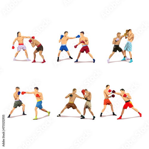 Collection of boxers in different fighting stances and poses, isolated on a white background