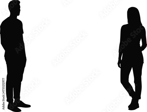 Silhouette of man and woman standing apart, isolated people figure, modern lifestyle concept, social distance illustration, human shadow design, vector art