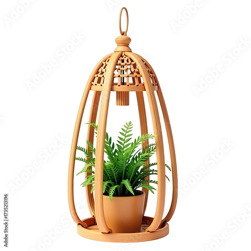 Displaying a potted green fern inside a decorative beige cage structure against a stark black background, creating a visually appealing contrast, showcasing the plant's vibrant color.