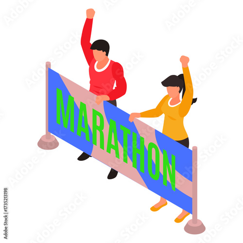 Two Runners Celebrate Victory At The Marathon Finish Line With Raised Fists In Triumph