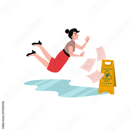 Woman slipping on a wet floor sign and flying through the air with papers scattering around