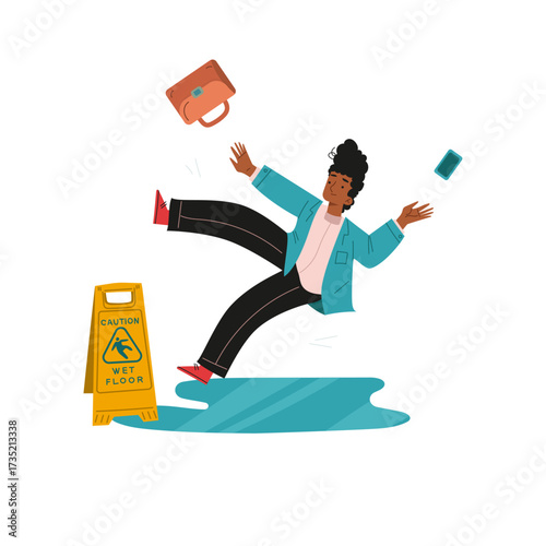 Man slips and falls on wet floor sign, dropping briefcase and phone, illustrating workplace accident