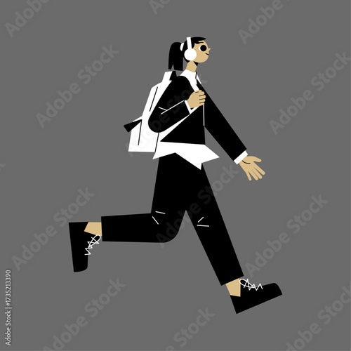 Woman in a Suit with Backpack and Headphones Running on a Solid Grey Background, Dynamic Motion
