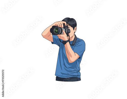 Vector art illustration of a young male photographer with a professional camera taking a picture. Isolated character design of a person engaged in a photography hobby
