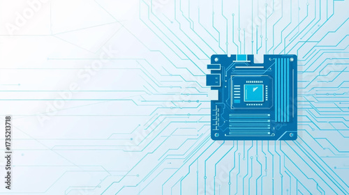 Blue computer motherboard illustration with circuit board connections. Suitable for techrelated designs, electronic products, it infrastructure concepts, and futuristic layouts.