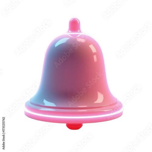 Illuminated, glossy notification bell, rendered with smooth, vibrant gradients of pink and blue hues, and a distinct, glowing outline, set against a stark black backdrop.