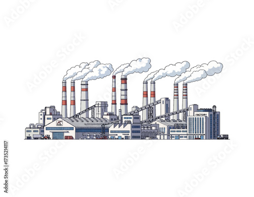 Detailed Factory Vector Illustrative Power Plant with Chimneys and Smoke for Industrial Design Projects