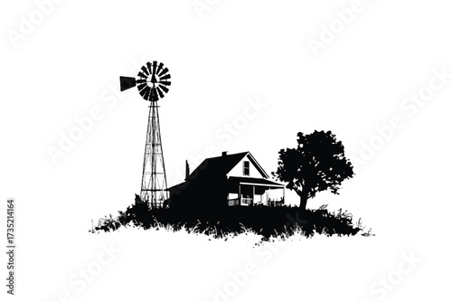 Monochrome rural landscape featuring a farmhouse with a windmill and a solitary tree creating a tranquil scene