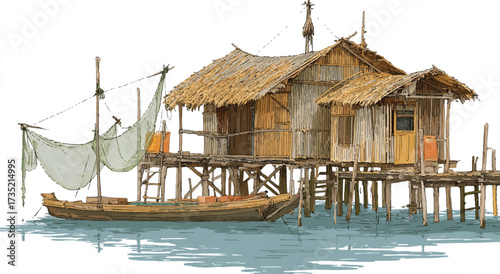 Picturesque stilt house with thatched roof in a tropical village with a fishing boat illustration