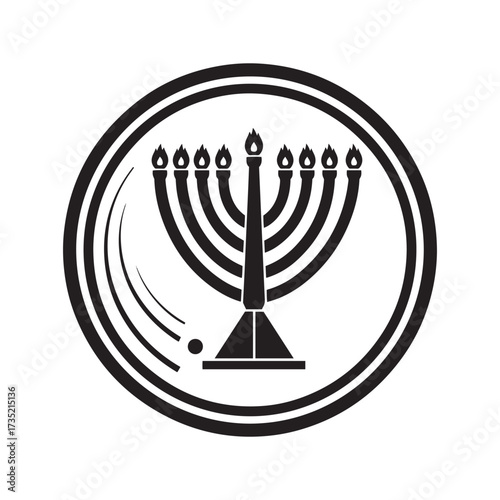Black silhouette of a menorah inside a circular emblem with flame details hanukkah jewish