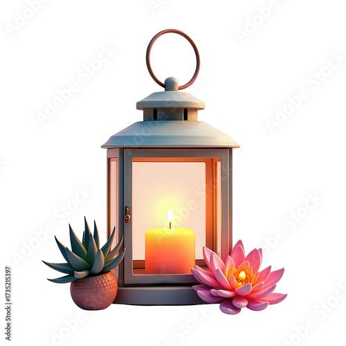 Beautiful lantern displays a glowing candle inside, creating a warm and inviting ambiance, accompanied by a small potted succulent and a delicate lotus flower, all set against a contrasting black...