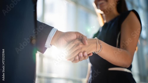 Slow panning shot capturing a close handshake between a man in a dark suit with shining sleeve cuff and a smiling woman wearing a bracelet in soft sunlight with blurred background
