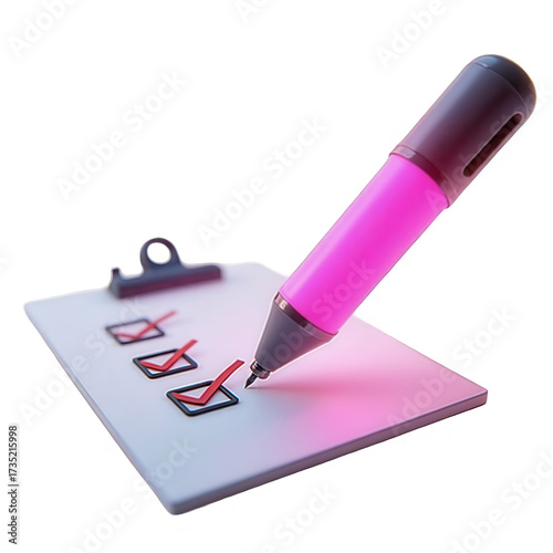 Glowing pink marker checks boxes on a white clipboard, featuring a  shot and soft, pink lighting against a solid black background, illustrating the concept of completion, tasks, or choices.