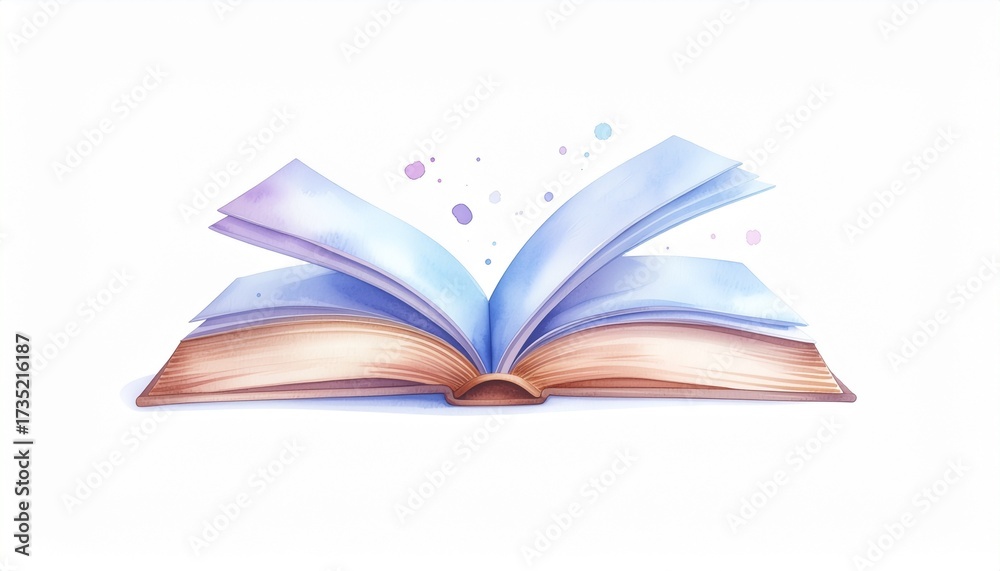 Fototapeta premium Watercolor illustration of an open book with gently fluttering pages, painted in soft pastel tones, simple clipart style on a clean white background
