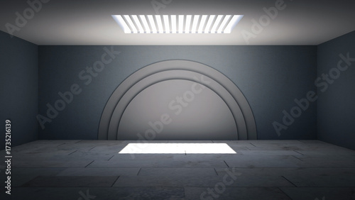 Minimalist Empty Room Interior with Modern Arch Wall and Skylight. Futuristic Architectural Interior Design with Geometric Shapes and Natural Light. Modern Empty Room Background with Stylish Arch Wall