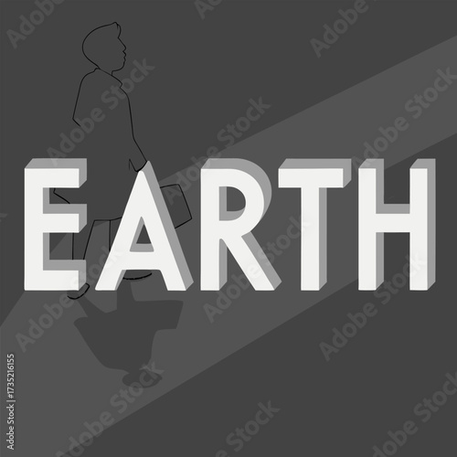 A solitary figure walks towards the word earth casting a long shadow symbolizing humanity s journey and connection to our planet