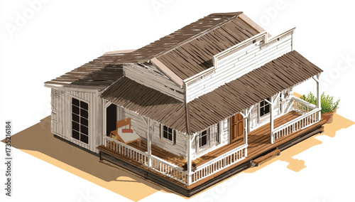 Rustic Old West Saloon Illustration with Weathered Wood and Desert Setting Artistic Rendered Image