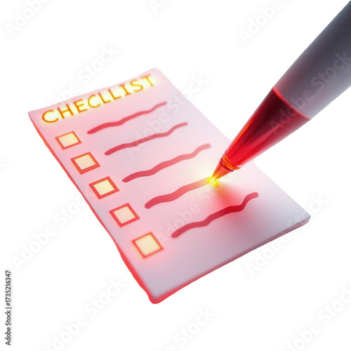 Glowing red pen checks an item on a checklist, highlighting the process against a dark background, creating a visually striking composition focusing on task completion and list management with a...