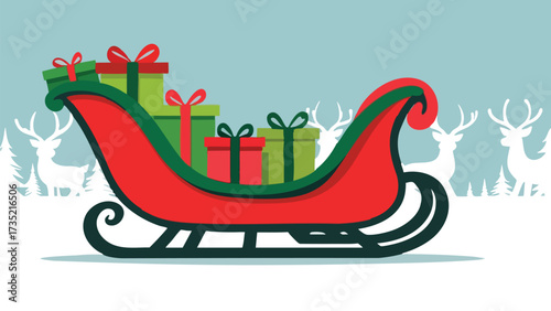 Santa sleigh with gifts, simple flat illustration with reindeer silhouettes