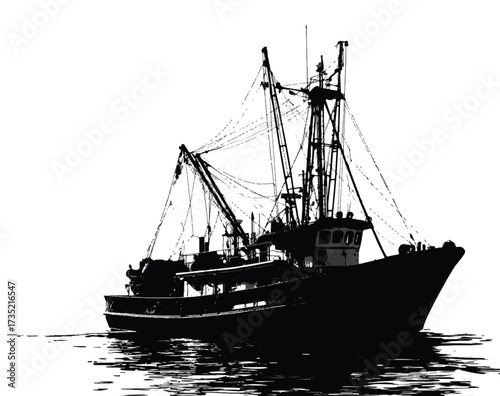 Silhouette of a Fishing Boat in Calm Waters Maritime Industry and Nautical Vessel Concept with Reflection