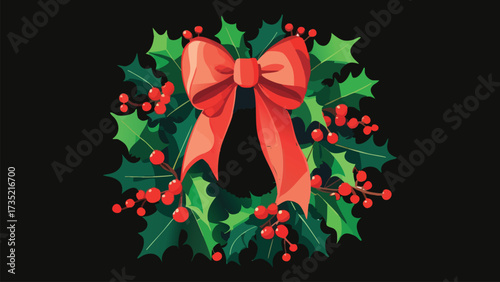 A Christmas wreath adorned with a beautifully tied bow and lush green holly leaves with bright red berries