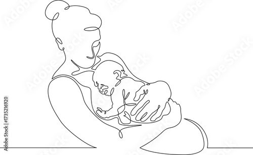 Continuous one line drawing  A woman in labor with a newborn. Childbirth. A woman gives birth. Pregnancy.Line art.One continuous line isolated illustration.Not AI.