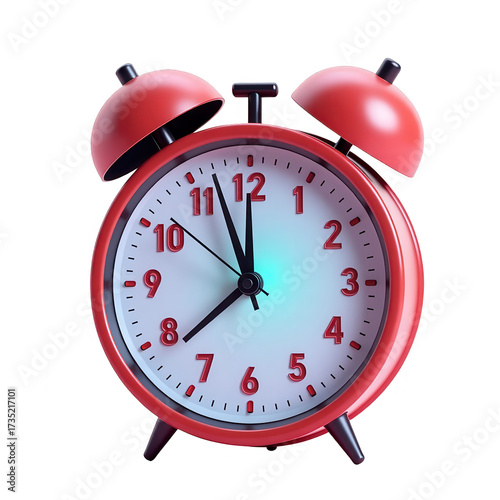 Detailed  of a vibrant red alarm clock against a stark black backdrop, displaying the time at just before twelve o'clock with a cool blue light at the center of the clock face.