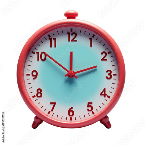 Red and white analog alarm clock showcasing the time, with a light blue face against a stark black background. The clock displays clear, easy-to-read numbers, complemented by red hands.